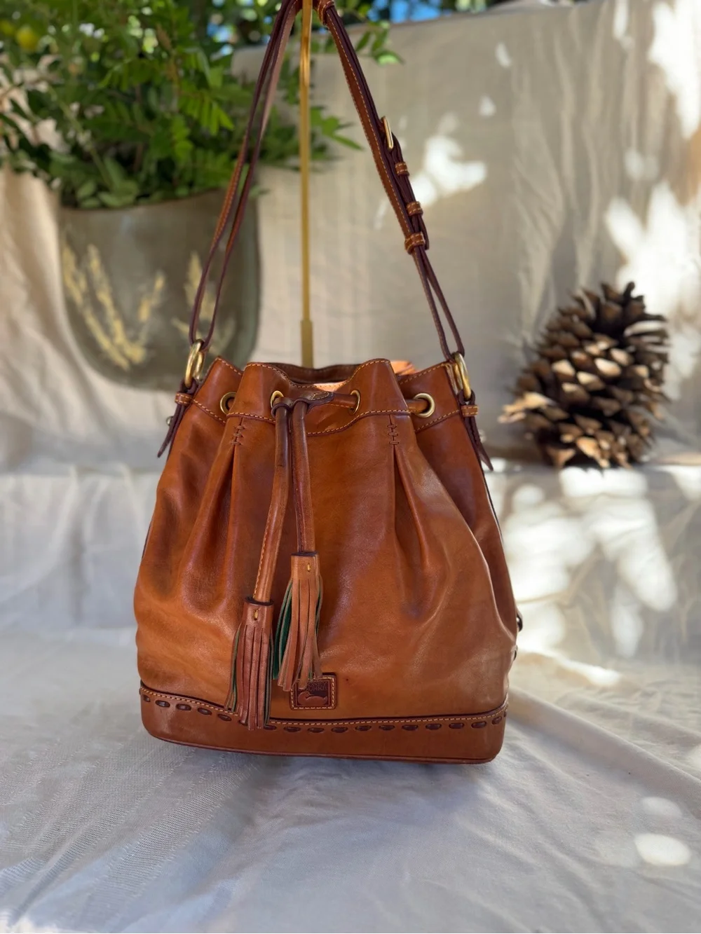 Dooney & Bourke Brown Leather Drawstring Bucket Shoulder Bag